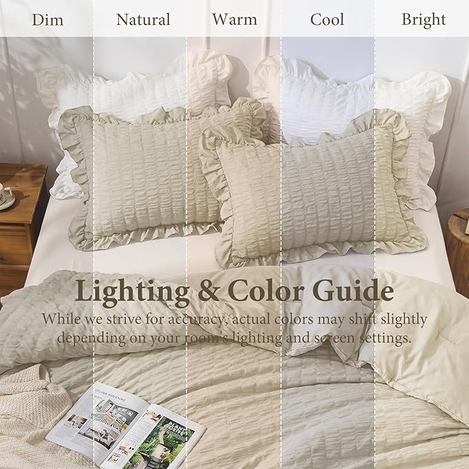 JOLLYVOGUE Full Size Comforter, 3 Pieces Linen Seersucker Lightweight Full Size Bedding, All Season Fluffy Microfiber Bedding Comforter Set with 1 Ruffle Comforter and 2 Ruffle Pillowshams