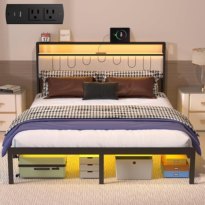 J.Fkne Full Bed Frames with Charging Station and LED Lights, Full Size Platform Bed with Metal Slats, Upholstered Headboard with 2-Tier Storage Shelves, No Box Spring Needed, Easy Assembly, Black