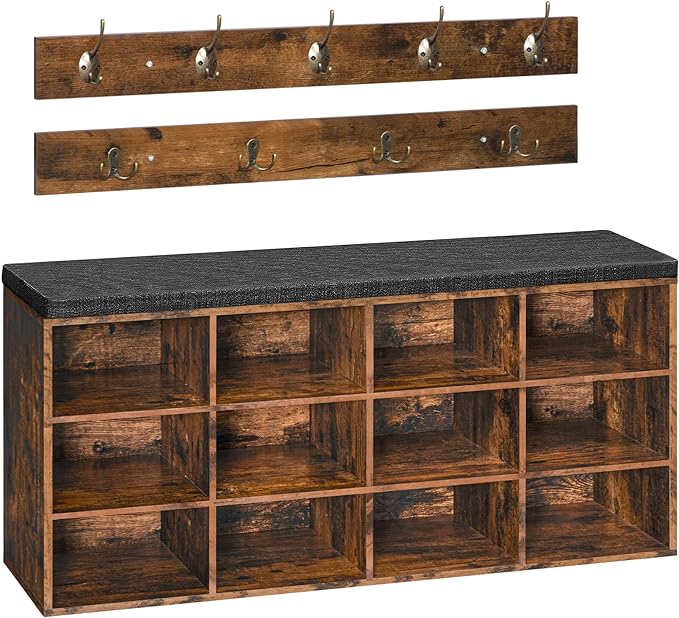 HOOBRO Shoe Storage Bench with Cushion, 39.4" L Entryway Bench with 12 Cubbies, Entryway Hall Tree with Storage, Shoe Cabinet with Coat Rack for Bedroom, Hallway, Holds up to 330 lb, BF112HX01G1