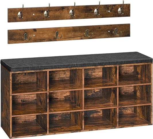 HOOBRO Shoe Storage Bench with Cushion, 39.4" L Entryway Bench with 12 Cubbies, Entryway Hall Tree with Storage, Shoe Cabinet with Coat Rack for Bedroom, Hallway, Holds up to 330 lb, BF112HX01G1