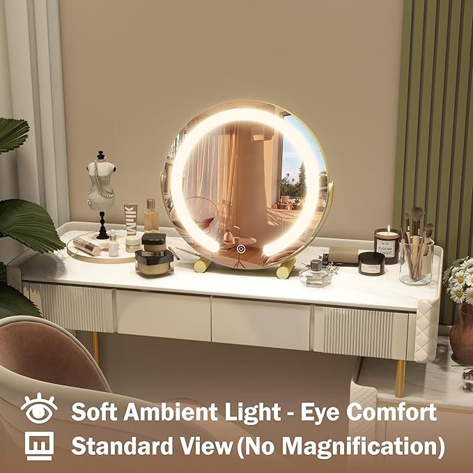 ROLOVE Aesthetic Gold Vanity Mirror with Soft Lights, 12 Inch Standard 1X View, 3-Color Dimmable Tabletop Mirror for Bedroom Decor, 360° Rotation Ambient Light up Mirror