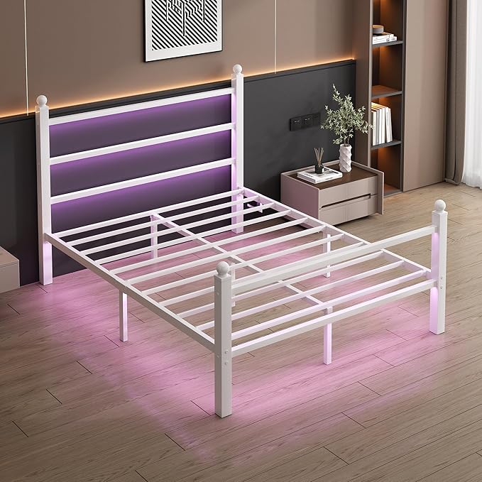 CLIBFENG Queen Size Bed Frame with Headboard and Footboard,Steel Slats Support-LED Bed Frame with USB Charging Station,Mattress Foundation-Under Bed Storage,No Box Spring Needed,Noise Free,White