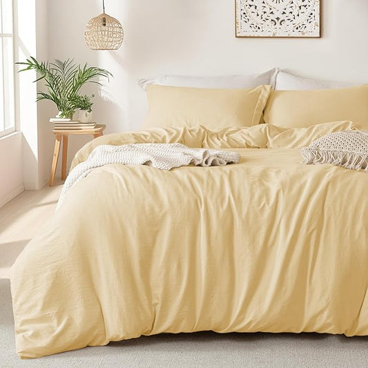 MILDLY Super Soft Duvet Cover - 100% Washed Microfiber Butter Yellow Comforter Cover Set 3 Pieces with Zipper Closure & Corner Ties
