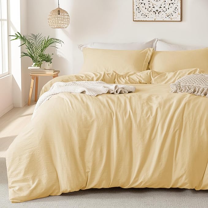 MILDLY Super Soft Duvet Cover - 100% Washed Microfiber Butter Yellow Comforter Cover Set 3 Pieces with Zipper Closure & Corner Ties