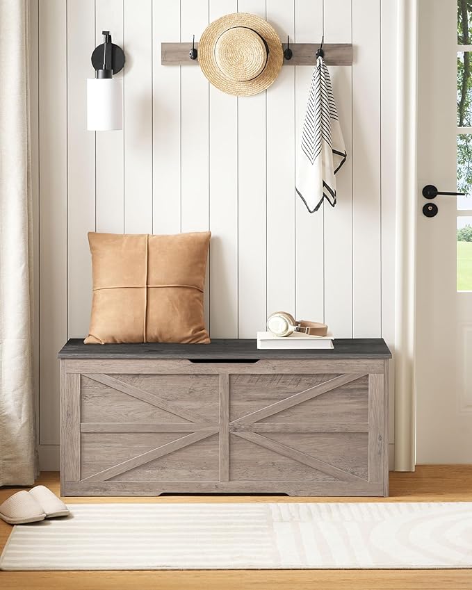 CHOEZON Storage Chest, 43.3" Wooden Storage Trunk, Retro Storage Bench with Safety Hinge, Toy Box, Farmhouse Style, for Bedroom, Living Room, Charcoal Gray and Greige MCW11HC