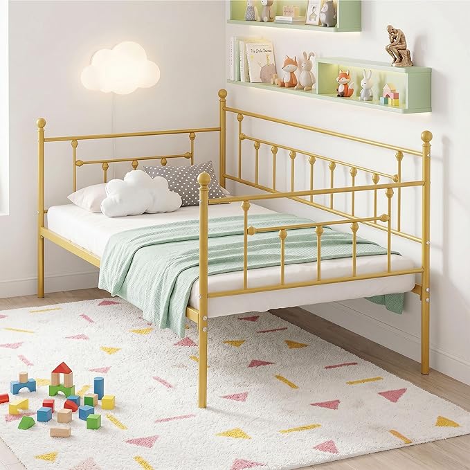 VECELO Daybed Frame, Twin Size Metal Platform Bed with Headboard,Heavy Duty Steel Slats Support for Living Room Bedroom Guest Room, Easy Assembly
