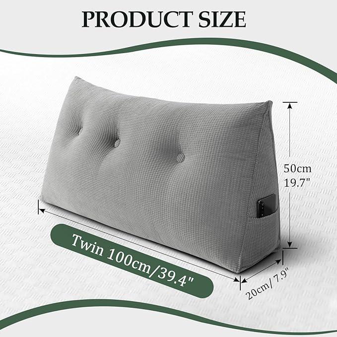 Huatean Home Soft Headboard Pillow Twin Size, Wall Backrest Wedge Pillow Headboard Twin XL, Reading Backboard Pillows, Large Dorm Daybed Bolster Pillows for Back Support with Removable Cover, Gray