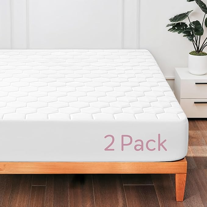 Hearth & Harbor 2 Pack Full Size Quilted Fitted Mattress Pad Cover, 100% Waterproof Mattress Protectors, Deep Pocket Fitted Mattress Cover 8" - 21" (54" x 75", White)