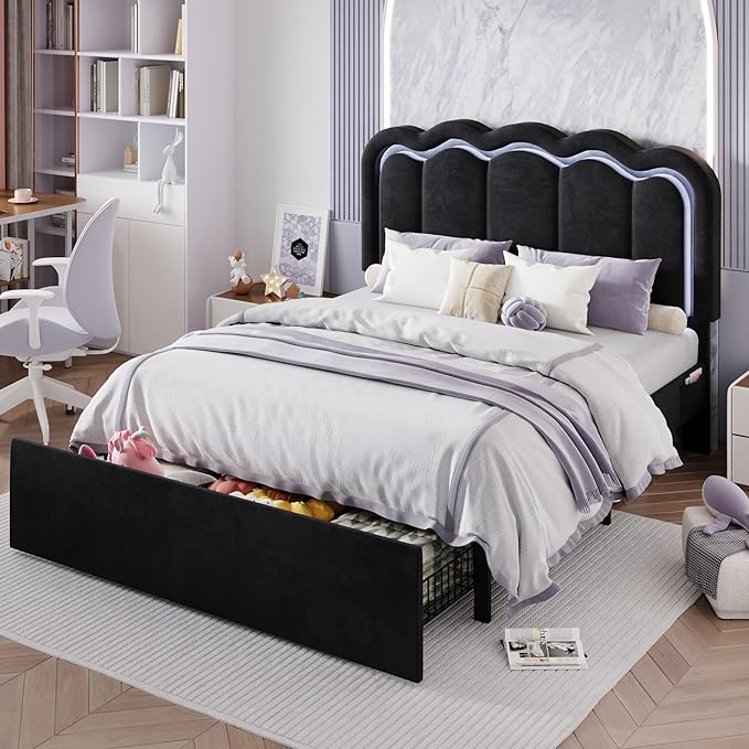 SHA CERLIN Upholstered Full Size Bed Frame with LED Lights and Large Storage Drawer, Velvet Platform Bed with Adjustable Wavy Headboard, Noise Free, Easy Assembly, No Box Spring Needed, Soft Black