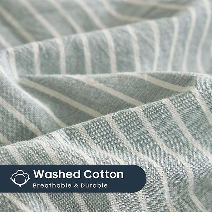 Wake In Cloud - Striped Cotton Duvet Cover Set, 100% Washed Cotton Textured Percale Bedding Set, Ticking Stripe Pinstripe Farmhouse, 3 Pieces, Greyish Blue, Twin Size