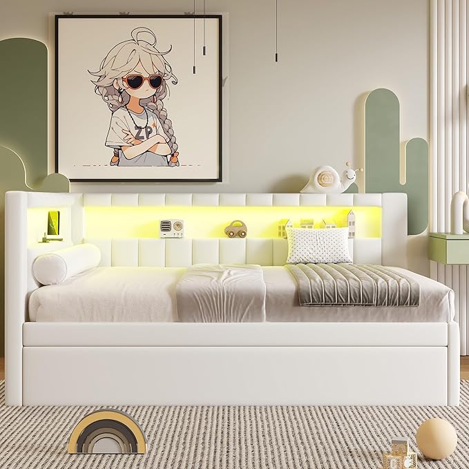 Merax Modern Upholstered Platform Bed Frame with USB Ports & Trundle Bed, Floor Sofa Day Bed with Storage Headboard, No Box Spring Needed/Easy Assemble/Full,White