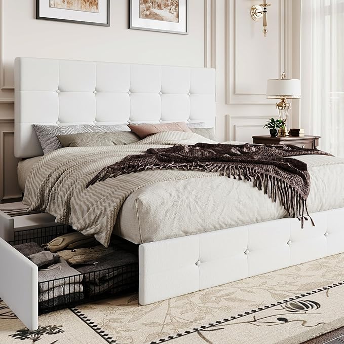 SHA CERLIN Full Size Platform Bed Frame with 4 Oversized Storage Drawers, Adjustable Headboard with Velvet Upholstery, Square Button Tufted Design, Wooden Slat Support, No Box Spring Needed, White
