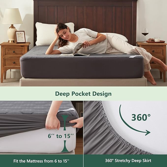 Twin XL Size Waterproof Mattress Protector, 40% Rayon Derived from Bamboo Grey Mattress Pad Cover, 3D Air Fabric Breathable Mattress Pad Fitted with Deep Pocket 6"- 15" Machine Washable