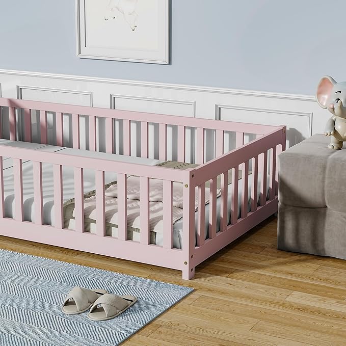 Bellemave Twin Floor Bed with Slats and Safety Guardrails, Twin Size Montessori Floor Bed with Fence and Without Door, Easy Assemble Montessori Beds Frame for Girls, Boys, Pink