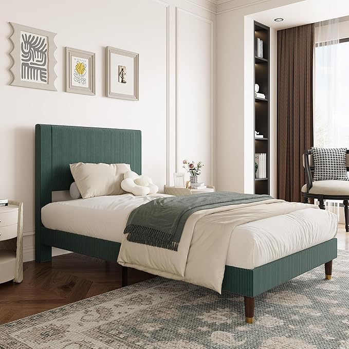 GarveeHome Twin Size Bed Frame with Upholstered Headboard and Strong Wooden Slats Support, Soft Corduroy Fabric Platform Bed, No Boxing Spring Needed, Easy Assembly, Dark Green