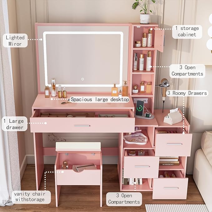 Vanity Desk with LED Lighted Mirror, Sliding Side Cabinet with Expandable Storage, Makeup Table with Drawers & Shelves, Built-in Power Outlet, Vanity Set with Storage Stool for Bedroom (Pink)