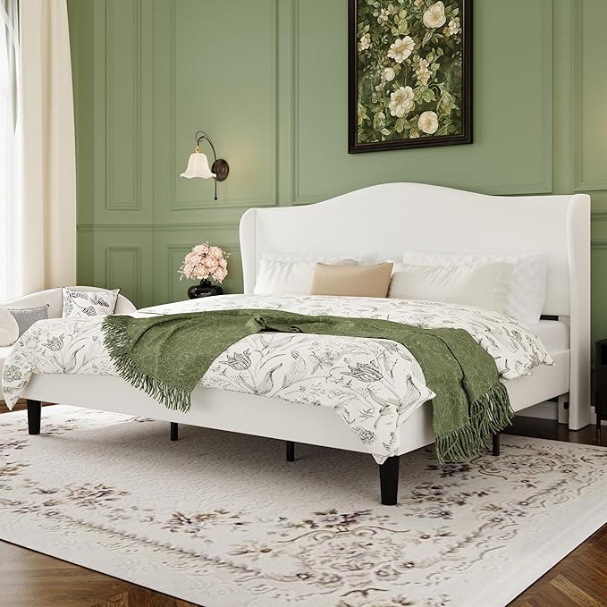 SHA CERLIN King Size Velvet Platform Bed Frame with Elegant Wingback Headboard, Modern & Luxurious Design, Sturdy Wooden Slats, No Box Spring Required, Easy Assembly, Noise-Free, Soft White