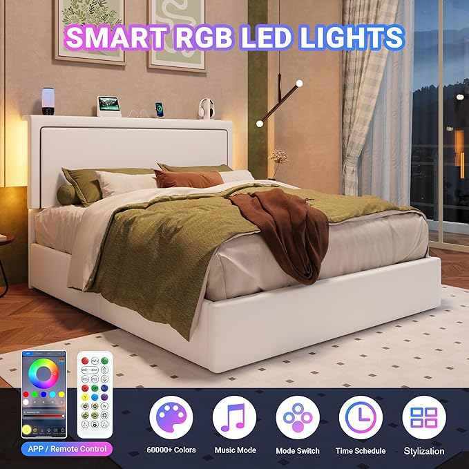 Allewie Queen Size Lift Up Storage Bed Frame with Charging Station & LED Lights, Adjustable Velvet Upholstered Storage Headboard, Type-C & USB Ports, Hydraulic Support, No Box Spring Needed, White