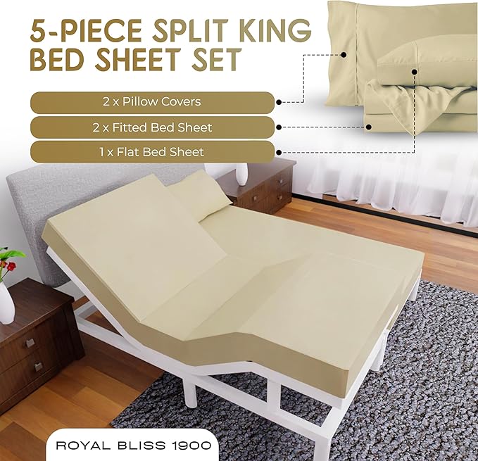 Split King Sheets Set with 2 Twin XL Fitted Sheet - 5 Piece Bedding - Wrinkle Free, Fade Resistant, Double Brushed Microfiber - Deep Pockets/Easy Fit (Tan)