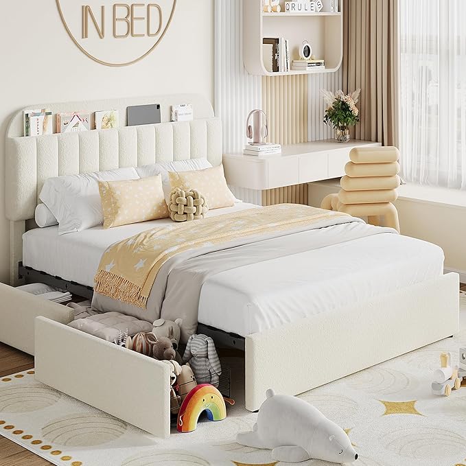 Garvee Queen Size Bed Frame with 2 Flexible Drawers, Boucle Upholstered Platform Bed Frame with Bookcase Headboard, Bedframe for Kids/Girls, Easy Assembly, No Box Spring Needed, Noise Free, Beige