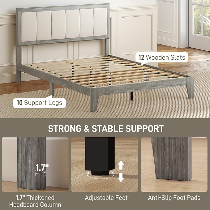 HOMCOM Full Size Bed Frame with Upholstered Headboard, Platform Bed Frame with Wooden Slats, No Box Spring Needed, Easy Assembly, Gray