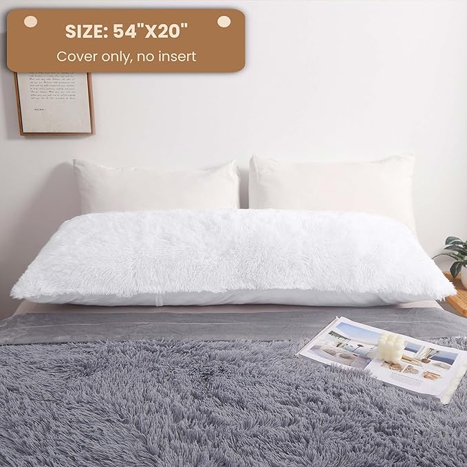 MEGO Luxury Fluffy Body Pillow Cover, 20x54 Shaggy Faux Fur Body Pillow Case, White Soft Plush Fuzzy Body Pillowcase, Decorative Furry Long Bed Pillow with Zipper Closure Hug Pillow for Bedroom White