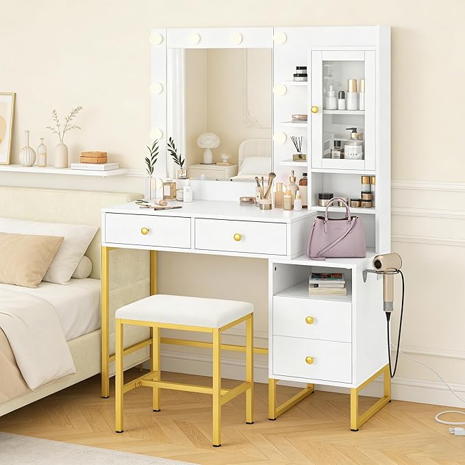 KAMABOKO White Modern Vanity Desk with Mirror & Lights, Makeup Vanity Table with 4 Drawers, 1 Glass Cabinet, 3 Lighting Color Adjustable, Girls Dressing with Stools for Bedroom