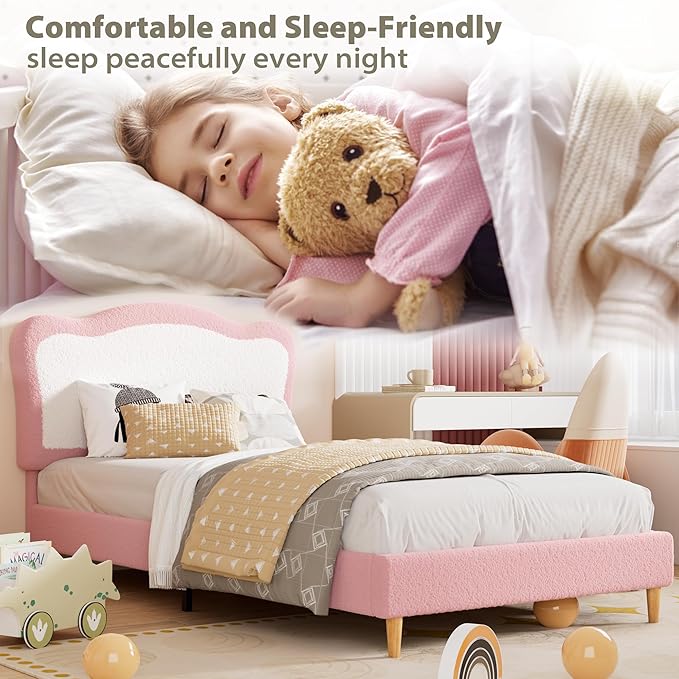 GarveeHome Upholstered Twin Bed Frame for Kids with Scallop Headboard, Cute Velvet Twin Bed for Girls, Boys, Sturdy Platform Bed, No Box Spring Needed, Wooden Slats, Noise Free, Pink White
