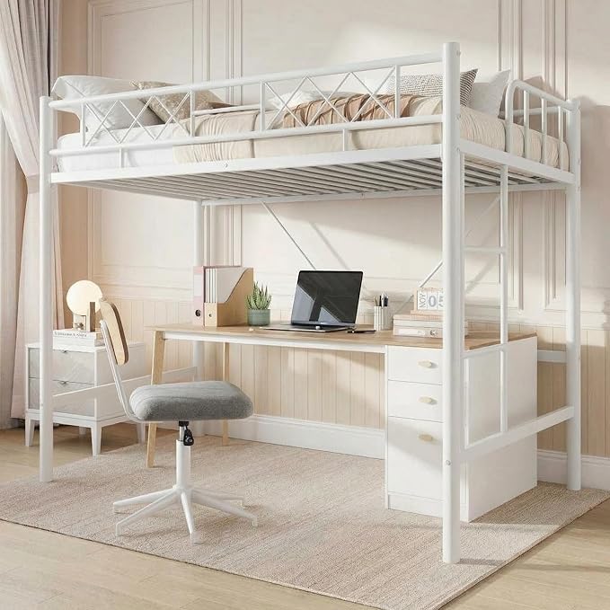 Garvee Loft Bed Twin Size for Teens & Adults, Metal Loft Frame with Safety Guardrail & Flat Ladder Rung, Heavy Duty Steel Slats, Space Saving Design, No Box Spring, White