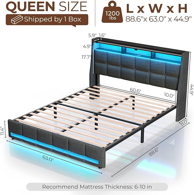 Rolanstar Queen Size Bed Frame with LED Lights and Charging Station, Upholstered Headboard with 2-Tier Storage Shelves, Heavy Duty Metal Frame, Noise-Free Support, Easy Assembly, No Box Spring Needed