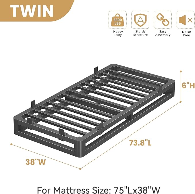 6 Inch Twin Bed Frames with Rounded Corner and Squeak Free U-Slot Design, Metal Platform Bed Frames 6 Non-Slip Guards, 3500lbs Heavy Duty Steel Slat Support, No Box Spring Needed, Black
