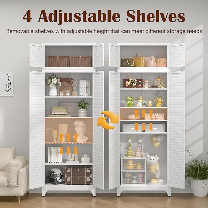 SteeLoong Kitchen Pantry Cabinet,90" Metal Storage Cabinet with Doors and 4 Adjustable Shelves,White Tall Locker Organizer Steel Garage Cabinets for Tool,File Cabinet for Office,Kitchen,Garage,School