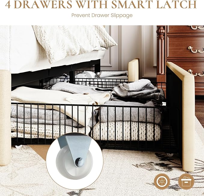 SHA CERLIN Upholstered Queen Size Platform Bed Frame with 4 Storage Drawers, Adjustable Headboard with Square Stitched Button Tufted Design, Wooden Slat Support, No Box Spring Needed, Beige