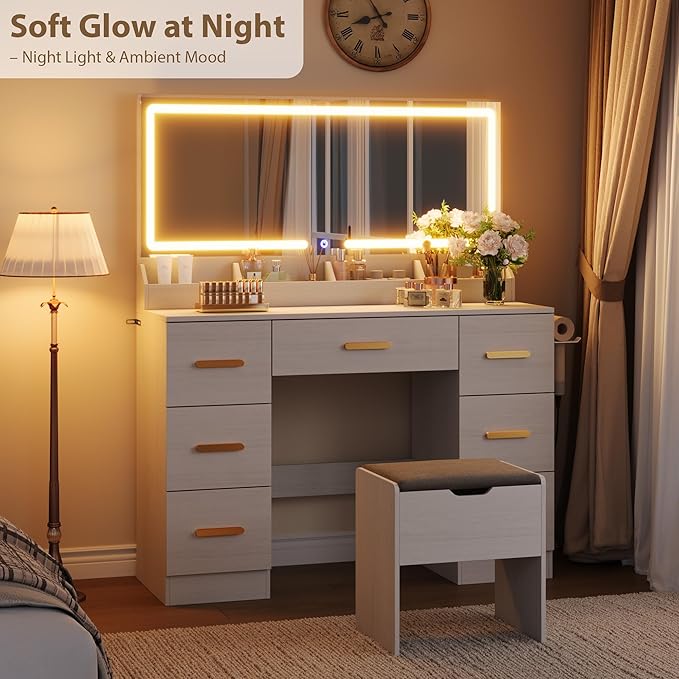 Garvee Vanity Desk with Large Mirror and Lights, 45.9 in Makeup Vanity Desk, 3 Lighting Modes Adjustable Brightness, Vanity Table with Power Outlet & 8 Drawers, for Powder Room and Bedroom