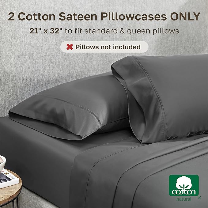 California Design Den Standard Queen Size Pillowcase Set - 400 Thread Count, 100% Cotton Sateen, Set of 2 Pillow Covers, Soft and Breathable - Grey Size