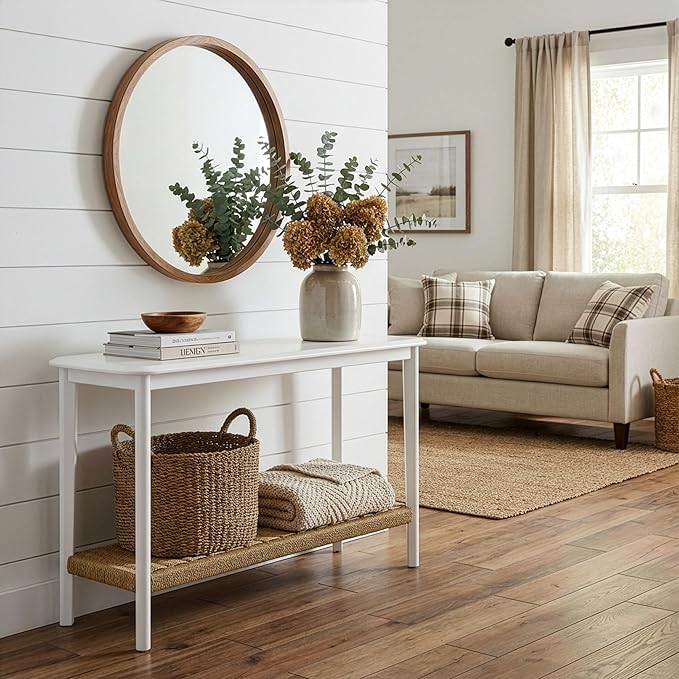 Alaterre Furniture Calais 48 Inch Wooden Console Table with Woven Storage Shelf – Mid Century Modern 2-Tier Entryway or Sofa Table for Living Room, Hallway, or Foyer (White)