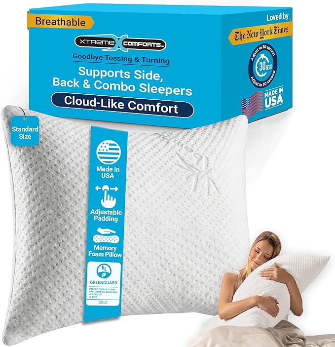 Xtreme Comforts Standard Bed Pillow for Sleeping | Adjustable Shredded Memory Foam Pillows with Removable Cooling Cover | Fluffy Pillows Support for Side, Back & Stomach Sleepers