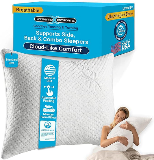 Xtreme Comforts Standard Bed Pillow for Sleeping | Adjustable Shredded Memory Foam Pillows with Removable Cooling Cover | Fluffy Pillows Support for Side, Back & Stomach Sleepers