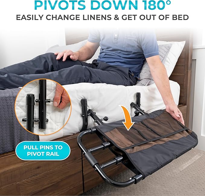 Stander EZ Adjust Bed Rail, Adjustable Senior Bedrail and Safety Assist Railing for Elderly Adults with Organizer Pouch, ASTM Safety Approved Guard-Rail, Black