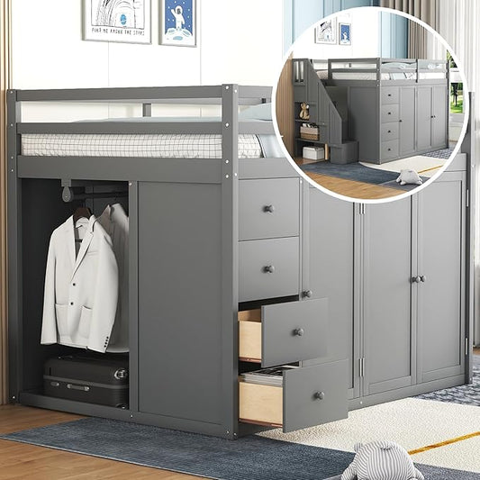 Quarte Multifunctional Loft Bed, Full Size Loft Bed with Built-in Wardrobes, Cabinets and Drawers for Kids Teens Adults, No Box Spring Required (Gray/Pine3, Full)