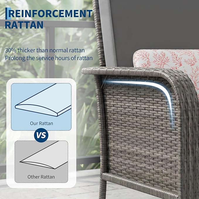 GarveeHome Outdoor Wicker Chairs Set of 2, All-Weather High Back Rattan Patio Furniture, 2-Piece Conversation Set with Comfy Cushions for Porch, Deck, Gray, Blue Cushion