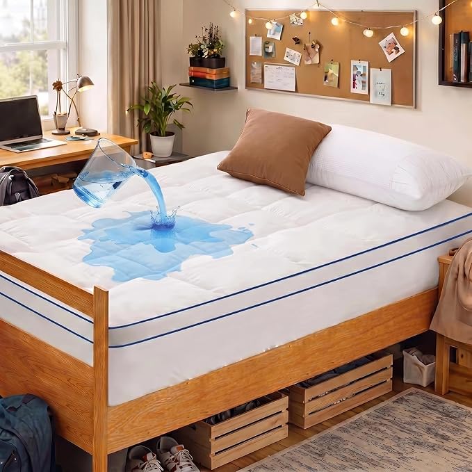 Mattress Topper Twin XL College Dorm, Waterproof Bed Topper Twin XL Cooling Mattress Pad Cover for College, Pillow Top Mattress Topper with Deep Pockets, Breathable Fluffy Fill Mattress Protector