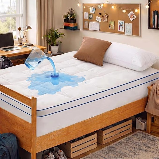 Mattress Topper Twin XL College Dorm, Waterproof Bed Topper Twin XL Cooling Mattress Pad Cover for College, Pillow Top Mattress Topper with Deep Pockets, Breathable Fluffy Fill Mattress Protector