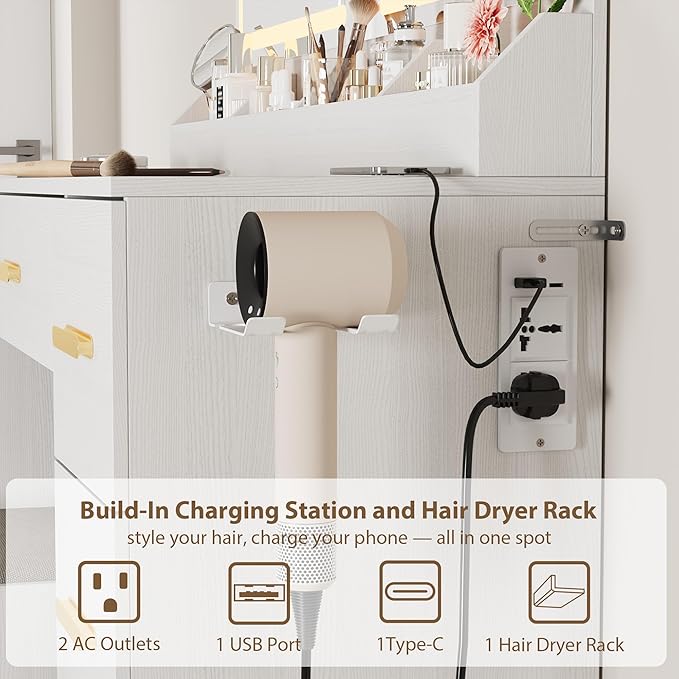 Garvee Vanity Desk with Large Mirror and Lights, 45.9 in Makeup Vanity Desk, 3 Lighting Modes Adjustable Brightness, Vanity Table with Power Outlet & 8 Drawers, for Powder Room and Bedroom