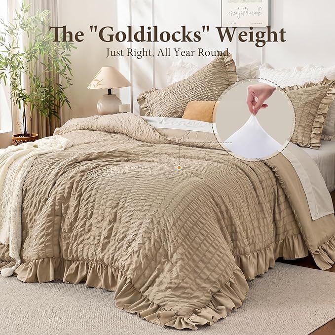 JOLLYVOGUE Twin Size Comforter Set, 2 Pieces Khaki Seersucker Lightweight Fluffy Bedding Set, Twin Ruffle Comforter, All Season Soft Microfiber Shabby Chic Bed Set