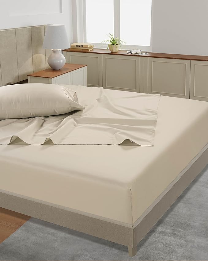 LANE LINEN Twin Sheets Set - 450 Thread Count Premium Sateen Weave for Gentle Feel On Skin - 100% Cotton Hotel Quality Luxury for Single Beds - Securely Fits Mattresses Upto 15'' Deep - Ivory