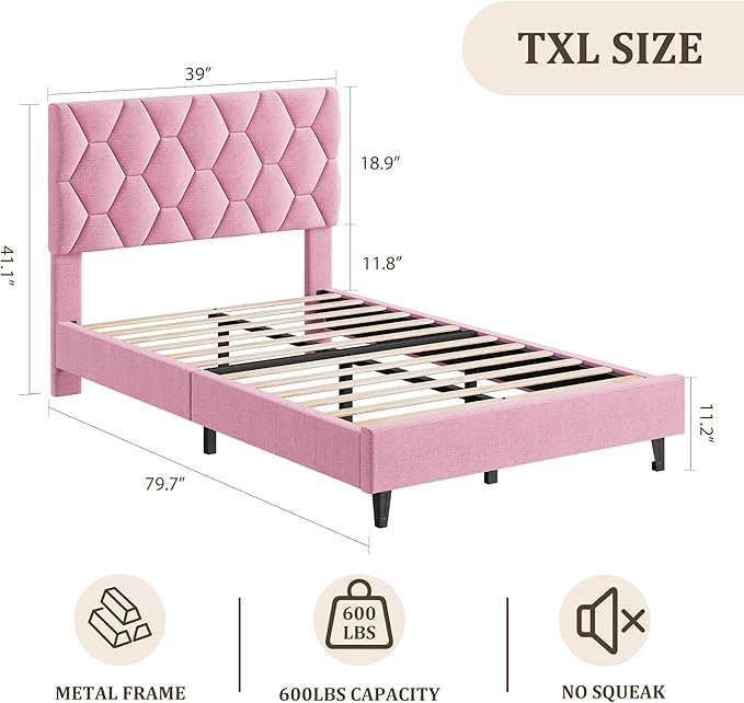 GarveeHome Pink Twin XL Bed Frame with Upholstered Headboard, Heavy-Duty Platform Bed Frame with Adjustable Headboard, Strong Wood Slat Support/No Box Spring Needed/Noise Free