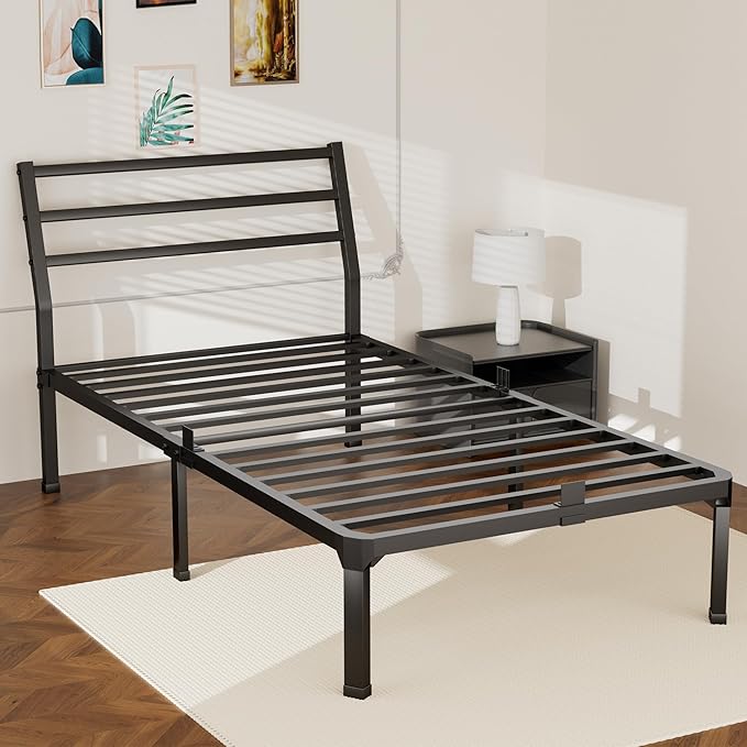 ROIL Twin Size Metal Bed Frame with Headboard, 14inch Black Heavy Duty Platform with Steel Slats Support and Mattress Stoppers, 3500LBS No Box Spring Needed, Easy Assembly Noise-Free