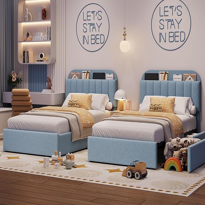 IDEALHOUSE Twin Bed Frame for Kids, Boucle Upholstered Platform Bed for Boys with 2 Flexible Drawers, Bookcase Headboard, Noise-Free, Easy Assembly, No Box Spring Needed, Blue