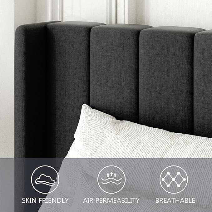 Gruwans Queen Size Bed Frame with Upholstered Wingback Headboard, Easy Assemnly Platform Bed, Wooden Slat Support No Box Spring Needed, Dark Gray
